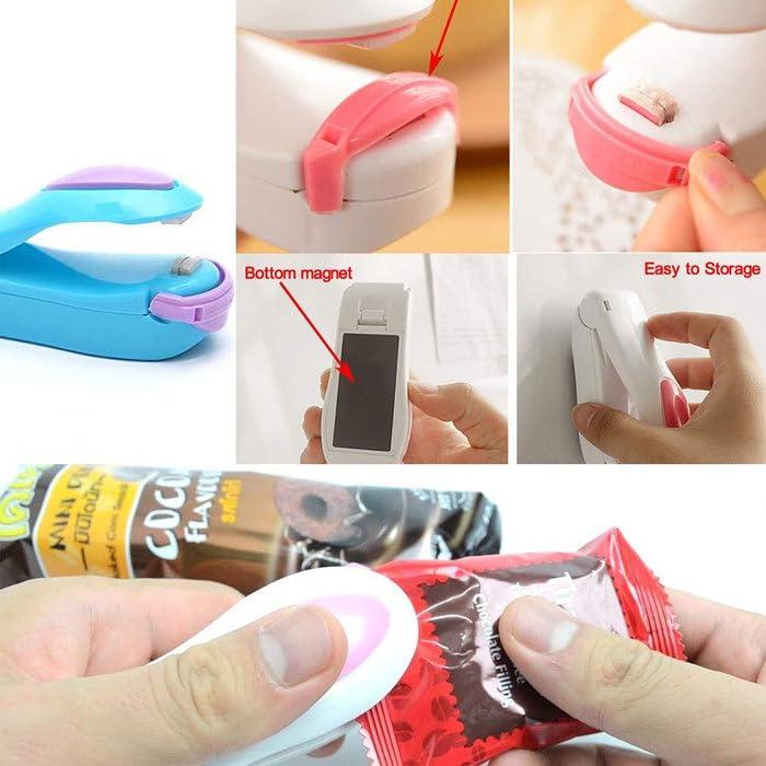 Portable mini sealer in use, sealing snack bags. Features include bottom magnet for storage and easy operation.