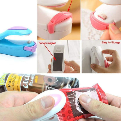 Portable mini sealer in use, sealing snack bags. Features include bottom magnet for storage and easy operation.