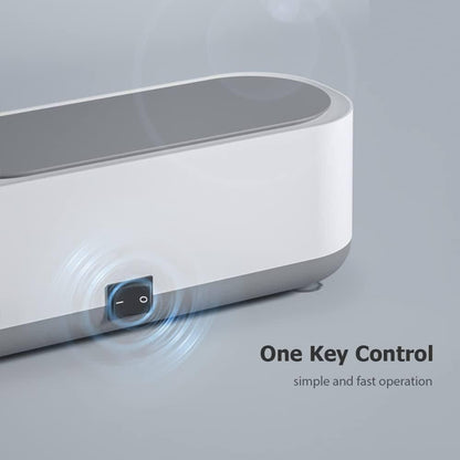 Mini ultrasonic jewelry cleaner showing "One Key Control," highlighting simple operation for cleaning jewelry and valuables.