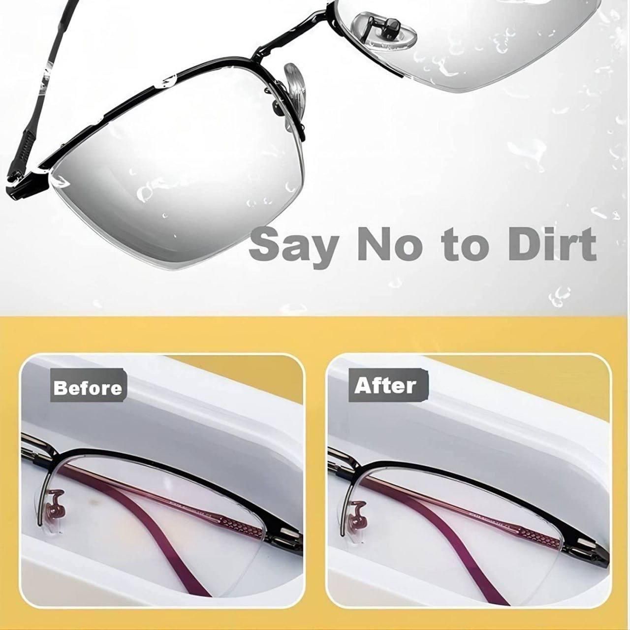 Glasses shown being cleaned in the Ultrasonic Jewelry Cleaner Machine. Features before and after dirt removal. Text: "Say No